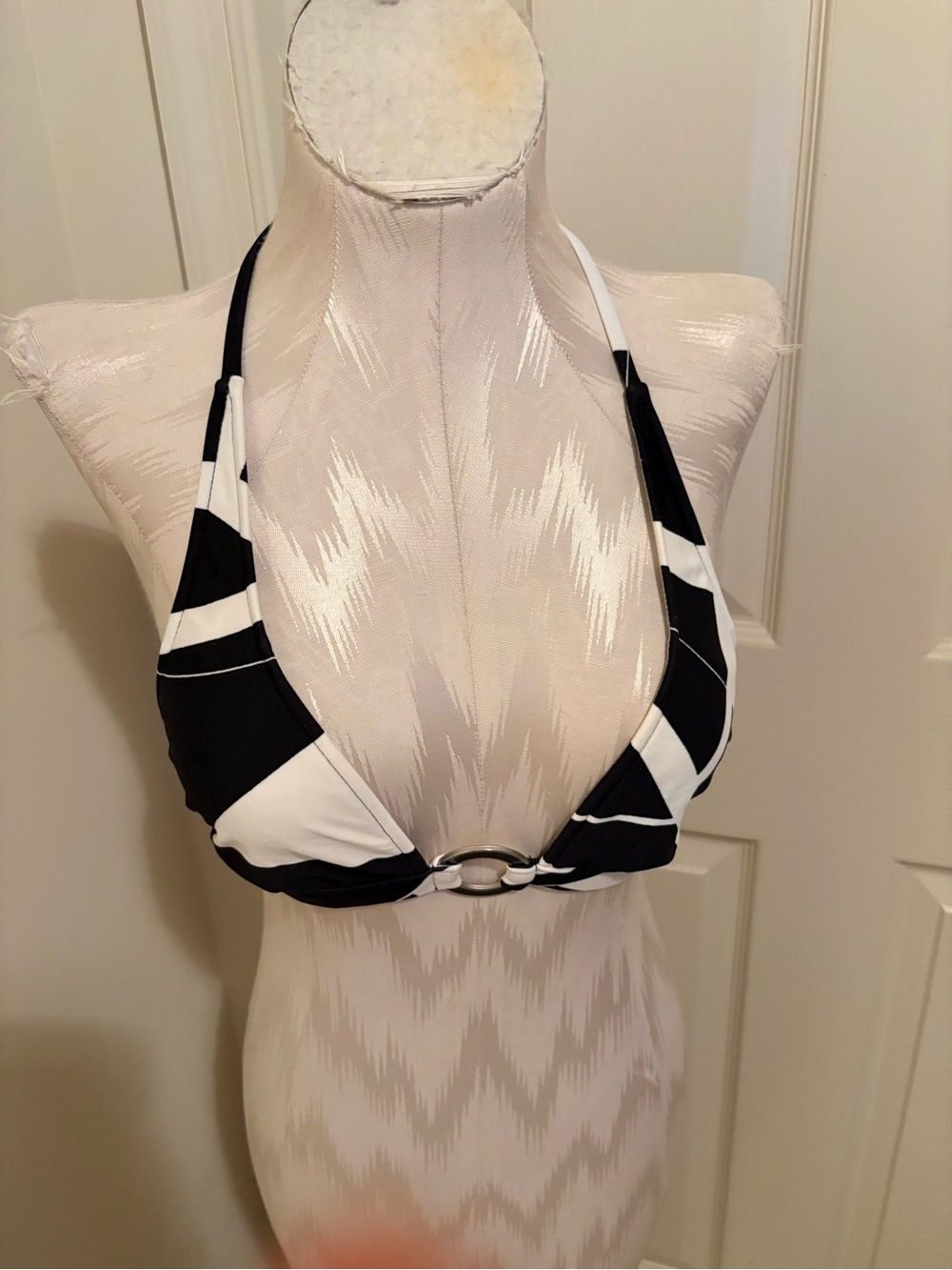 bebe Black & White Striped Halter Bandeau with Ring Detail large